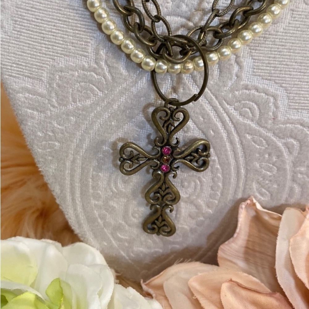 Cross Necklace Triple Chain & Pearl Accent With Fuchsia Gemstones NEW!